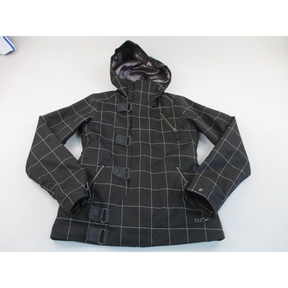 Burton Snowboard Jacket Womens M Black Grid Dryride Faux Fur Lined Buckle Detail